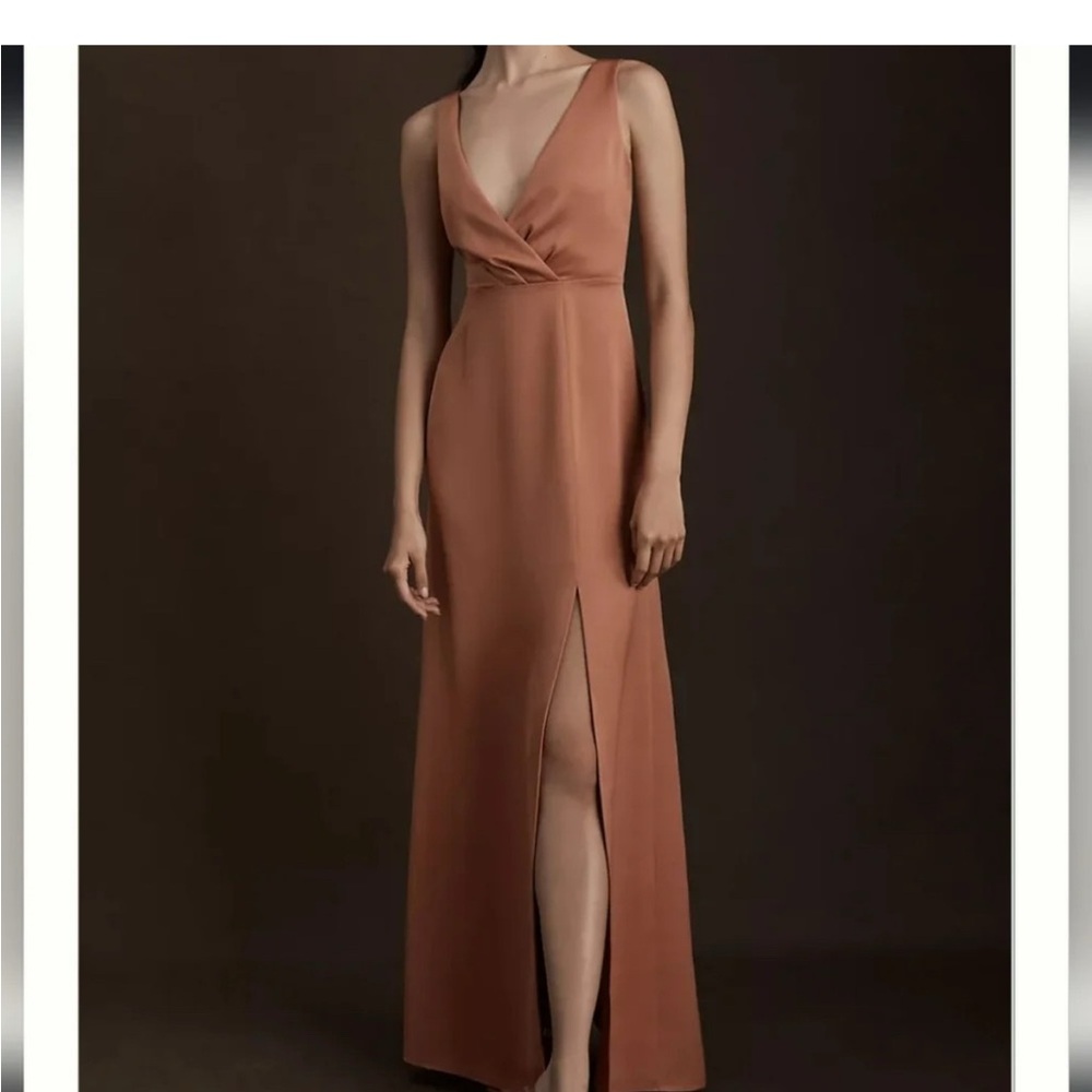 BHLDN Piper V-Neck Side-Slit Satin Gown in Sedona